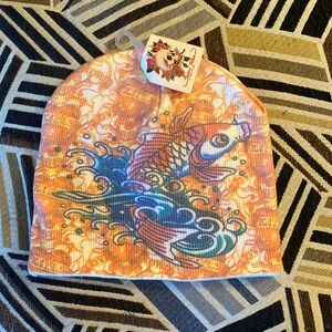 “Love Kills Slowly" Koi Fish Ribbed Beanie/Skull Cap, NWT designed by Kenny …